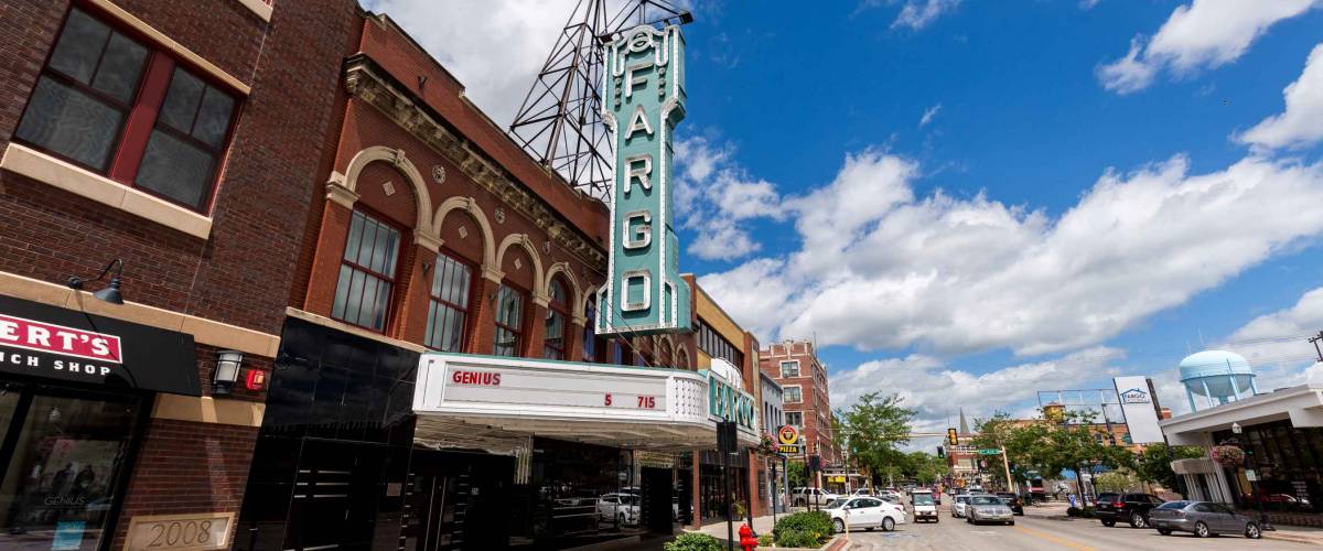 Fargo, North Dakota - 12 July, 2016: Downtown Fargo and the Fargo movie theater on a summer day on 12 July, 2016 in Fargo, North Dakota.