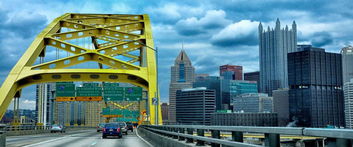 Pittsburgh, Pennsylvania, USA, crossing the Fort Pitt Bridge into downtown, December 11, 2012