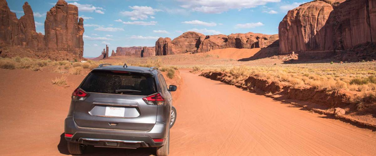 Monument Valley desert, Utah, USA - red sandy floor panorama landscape background.