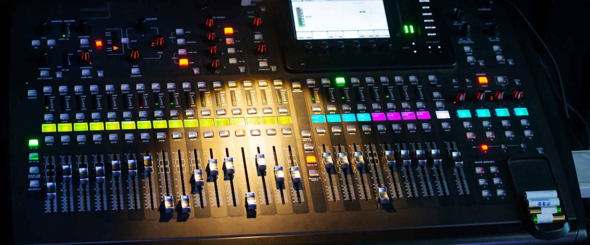 Mixing console in sound recording studio for music, sound recording, concert activities