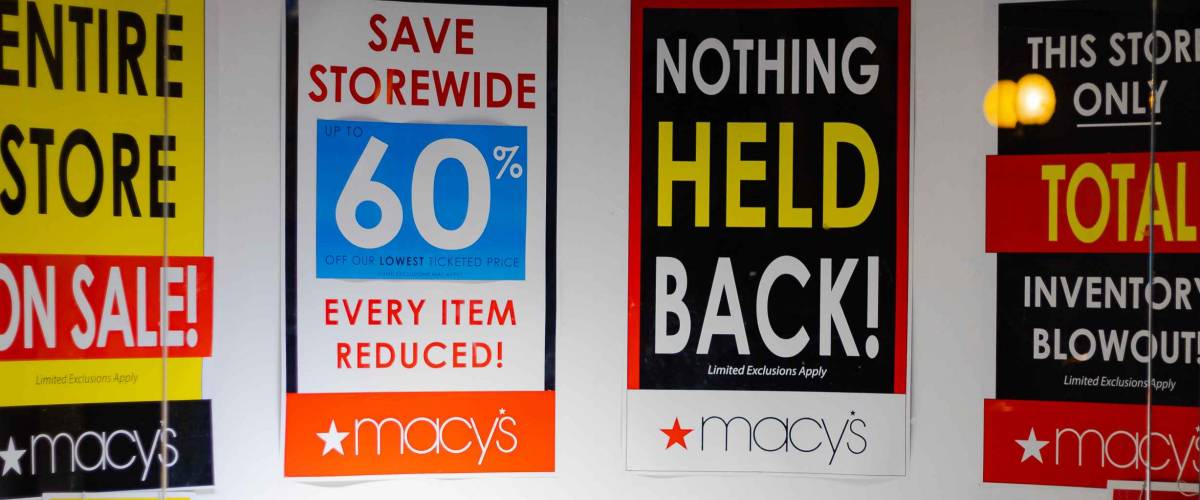 Seattle, WA/ USA- February 01 2020 Macy's in downtown seattle closes it's landmark store 60% off signs for sale