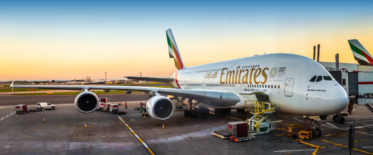 Emirates Airlines airplane on the ground.