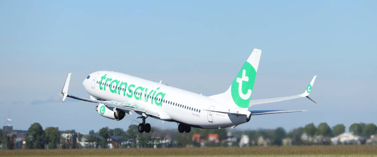 Transavia airplane taking off.