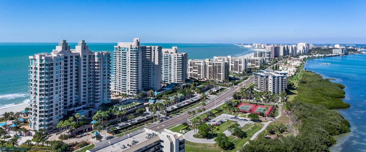 Clearwater Beach Florida skyline from the air. Aerial drone