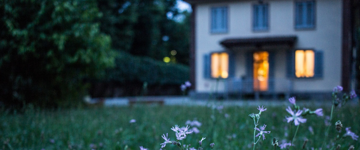 Warmly lit house from the garden at dusk
