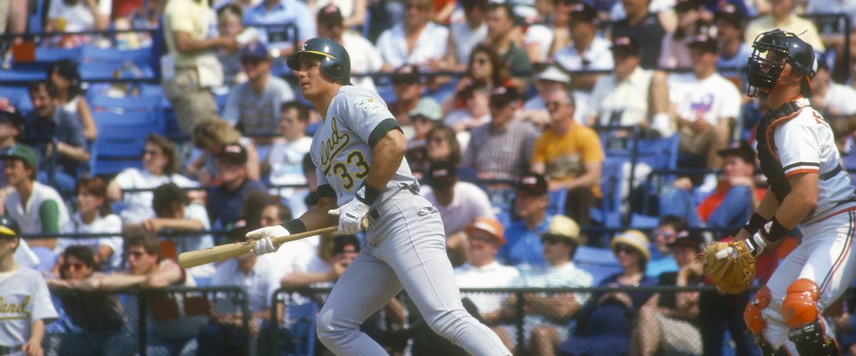 Jose Canseco #33 of the Oakland Athletics bats against the Baltimore Orioles during a Major League Baseball game
