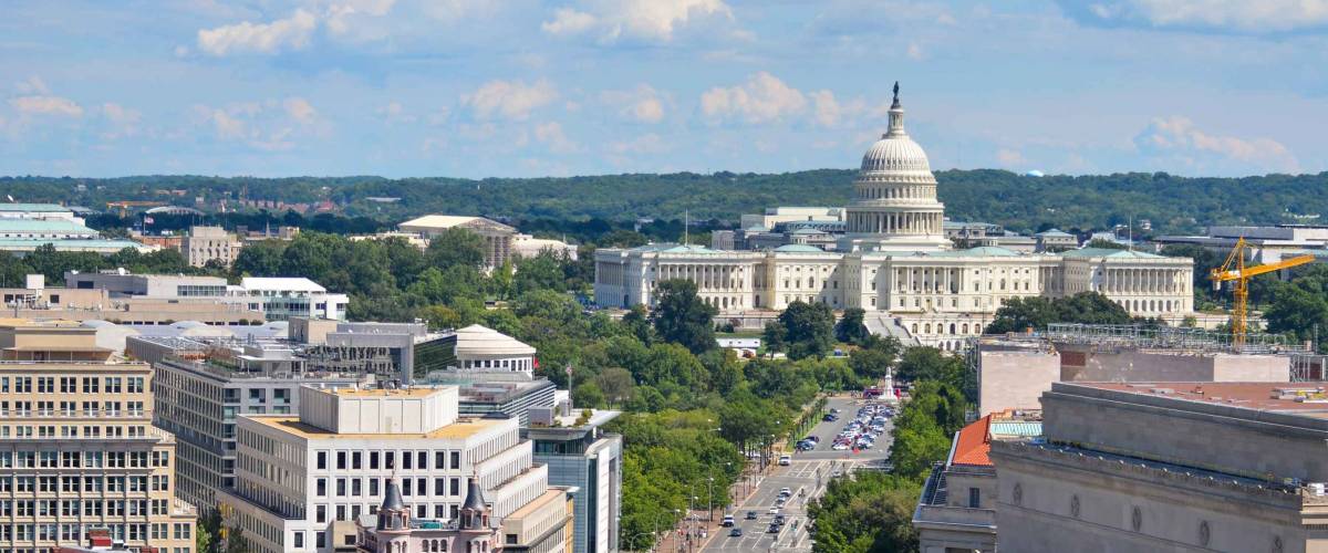 Washington DC - Aerial view of Pennsylvania street with federal buildings including US Archives building, Department of Justice and US Capitol