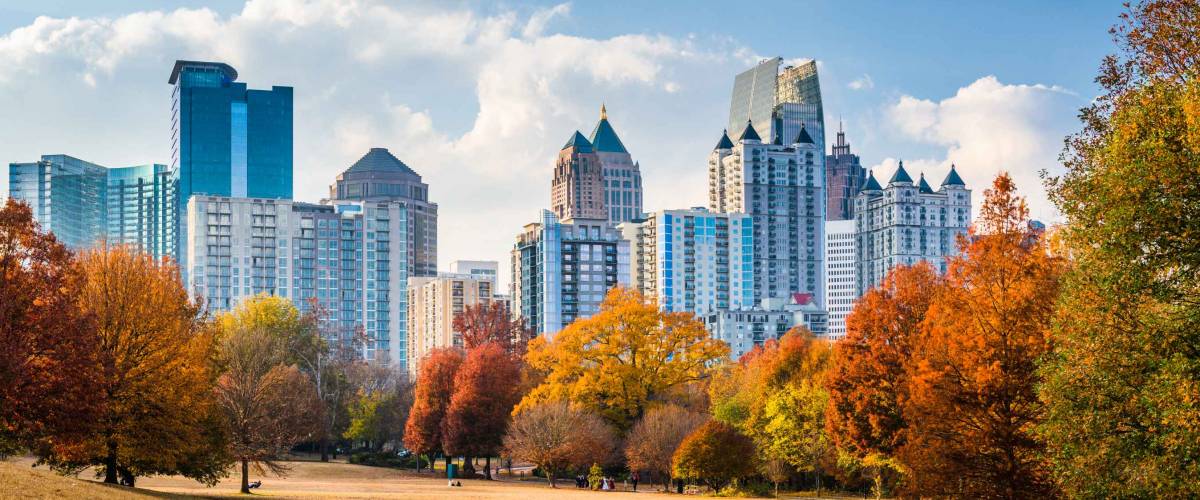Atlanta, Georgia, USA midtown skyline from Piedmont Park in autumn.