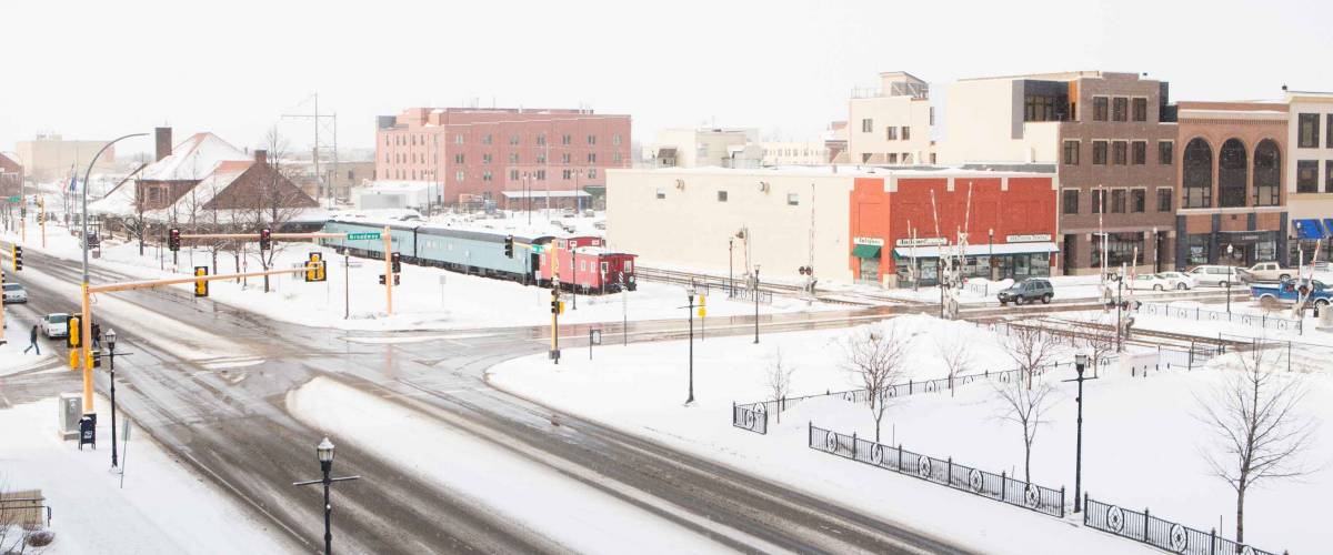 A snowstorm passes thru fargo, North dakota in winter.