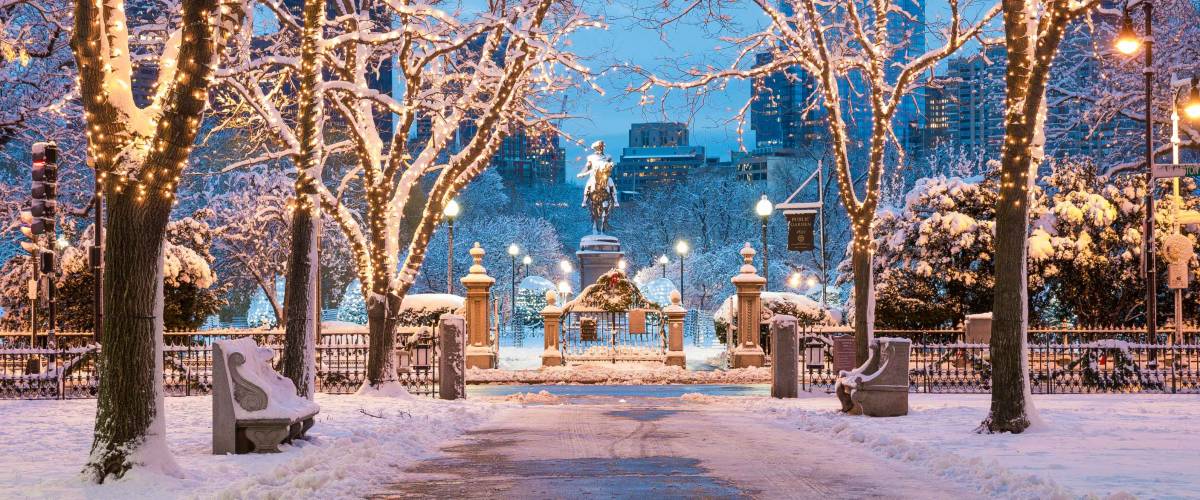 The architecture of Boston in Massachusetts, USA in the winter season showcasing the Boston Public Garden at Back Bay.