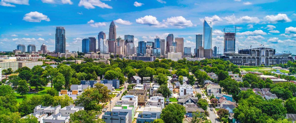 Drone Aerial of Downtown Charlotte, North Carolina, NC, USA Skyline.