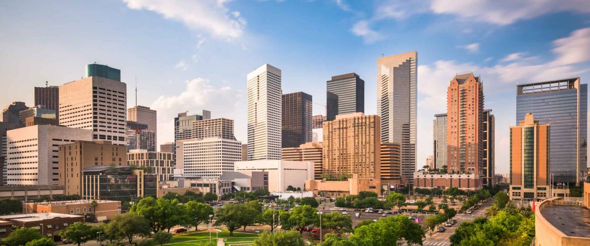 Houston, Texas, USA downtown city park and skyline.