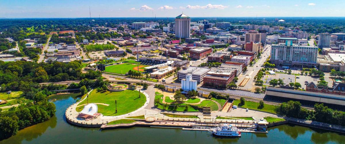 Drone Aerial View of Downtown Montgomery Alabama AL Skyline
