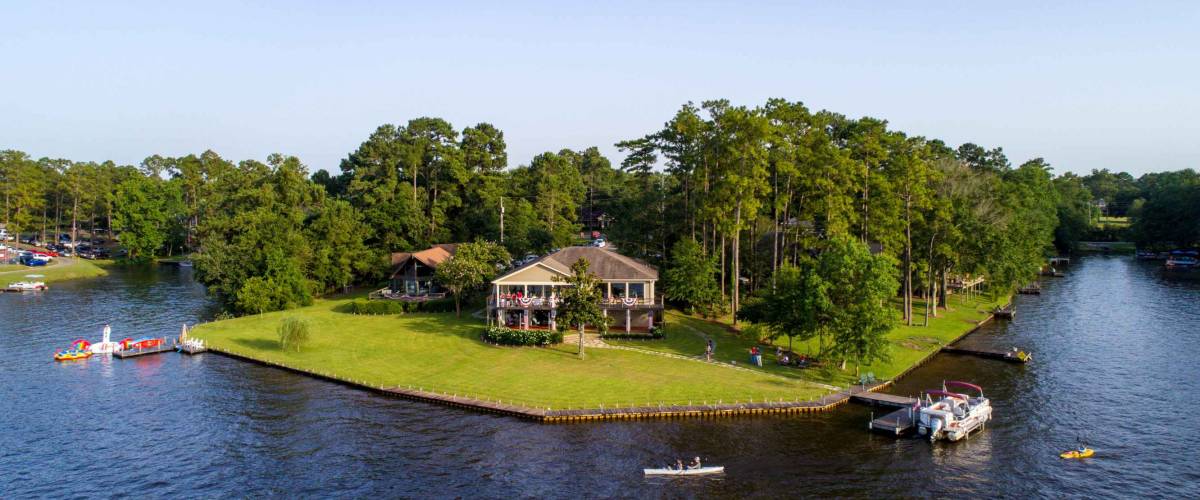 Aerial view of Hide-A-Way Lake, Mississippi on the 4th of July, 2019.
