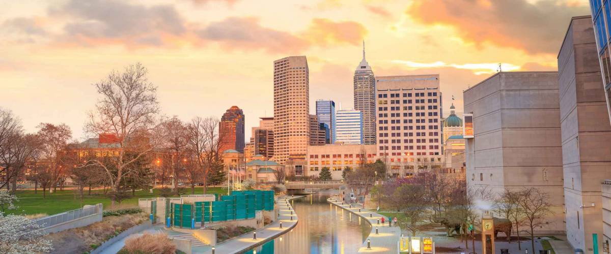 Downtown Indianapolis skyline at twilight