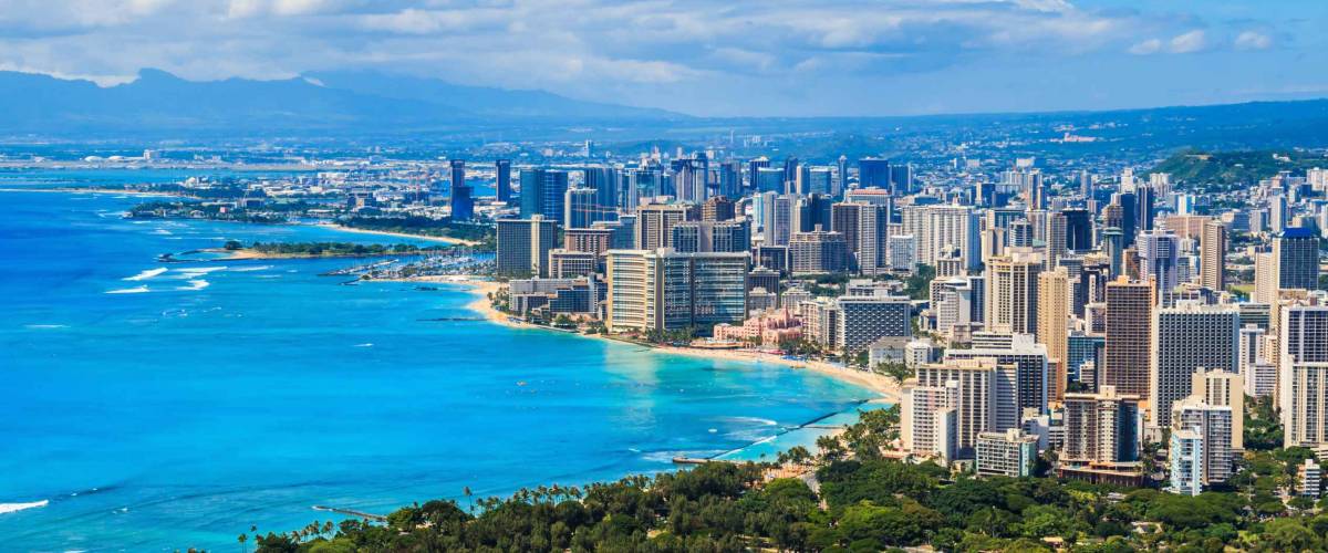 Skyline of Honolulu, Hawaii and the surrounding area including the hotels and buildings on Waikiki Beach