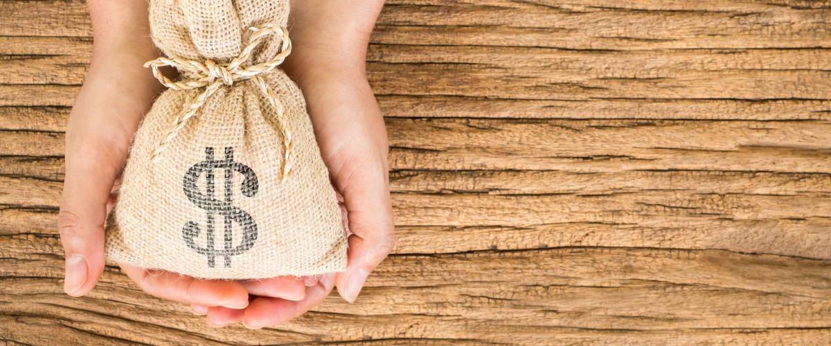 Women hold a money bag on the vintage wood background
