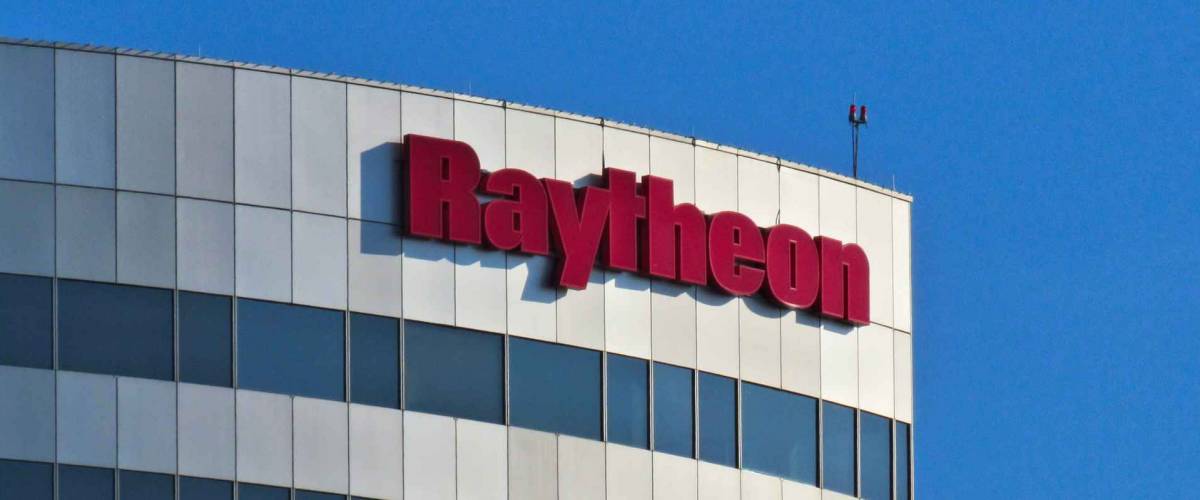 Washington, DC/USA-5/20/15: A sign for Raytheon offices in Rosslyn, Va., is visible from the nation's capital.