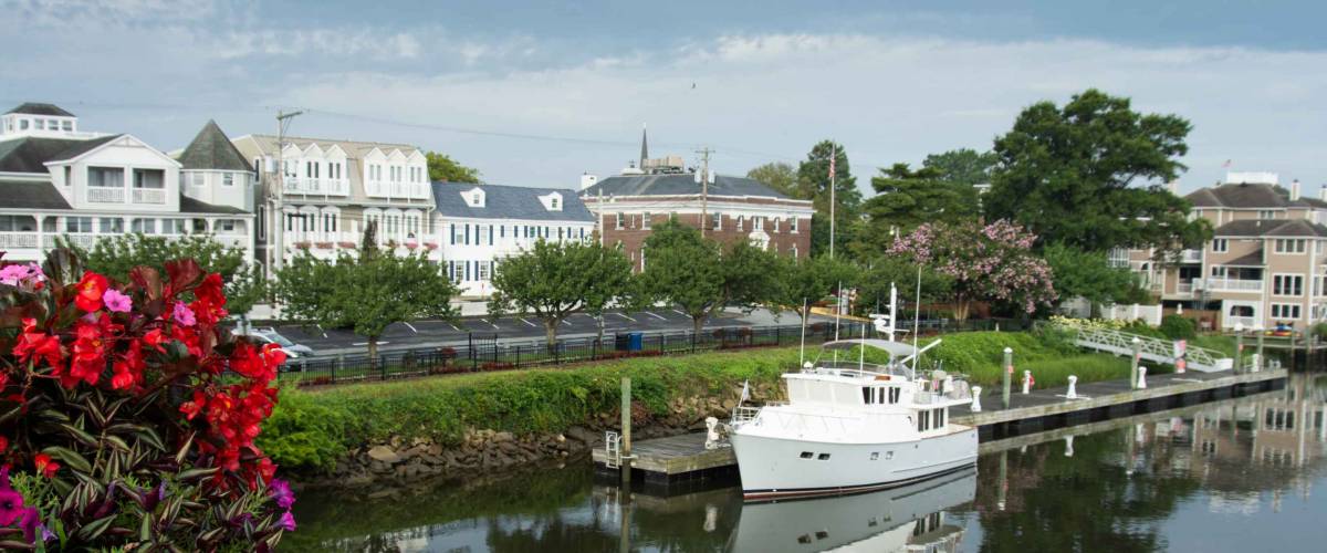 View of downtown Lewes Deleware from bridge with canal