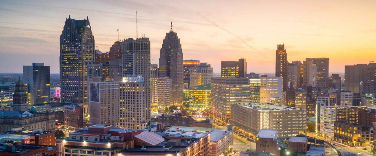 Aerial view of downtown Detroit at twilight in Michigan USA