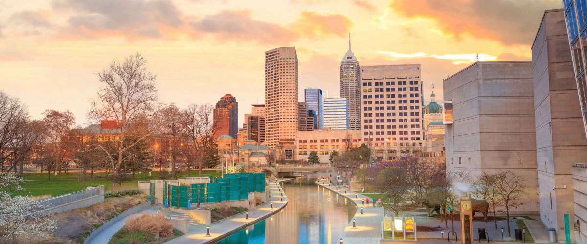 Downtown Indianapolis skyline at twilight