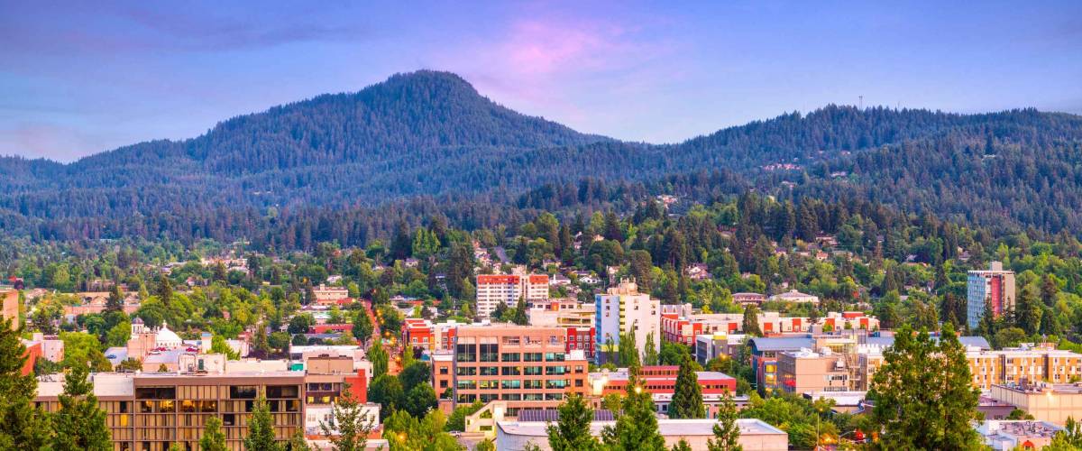 Eugene, Oregon, USA downtown cityscape at dusk.