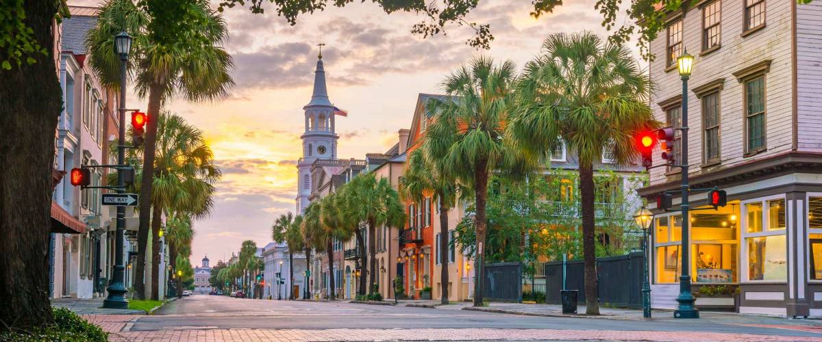 Historical downtown area of Charleston, South Carolina, USA at twilight.