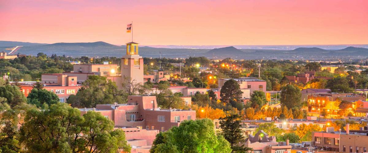 Santa Fe, New Mexico, USA downtown skyline at dusk.