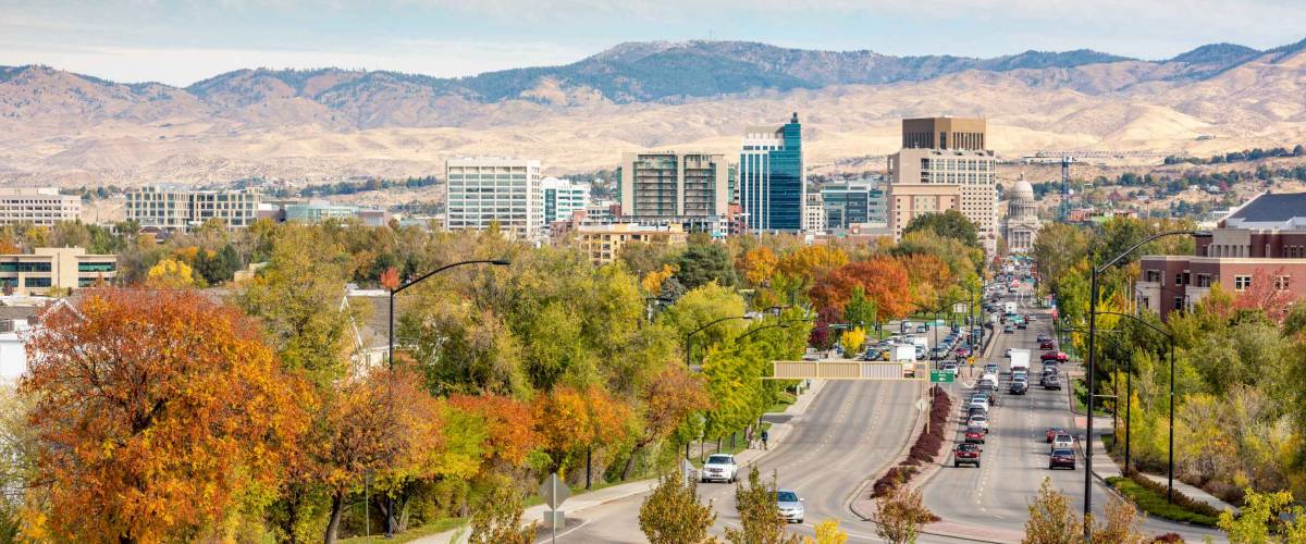Boise Idaho street leading to the capital building in fall