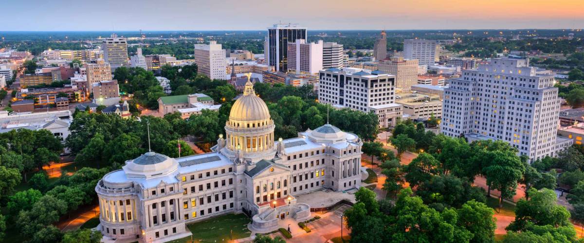 Jackson, Mississippi, USA cityscape at dusk.