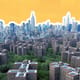 Aerial shots of New York City Stuyvesant Town-Peter Cooper Village apartment buildings in the foreground of the Manhattan skyline.