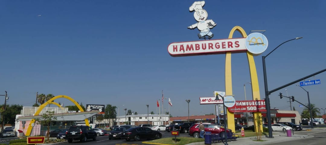 DOWNEY, LOS ANGELES, CALIFORNIA, USA - OCTOBER 28, 2017: The oldest operating McDonald's restaurant in the world.