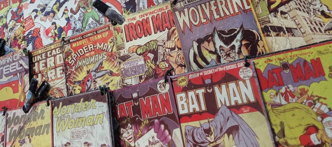 London, England - January 13, 2018: Color comics adverts on a window shop in London, England.