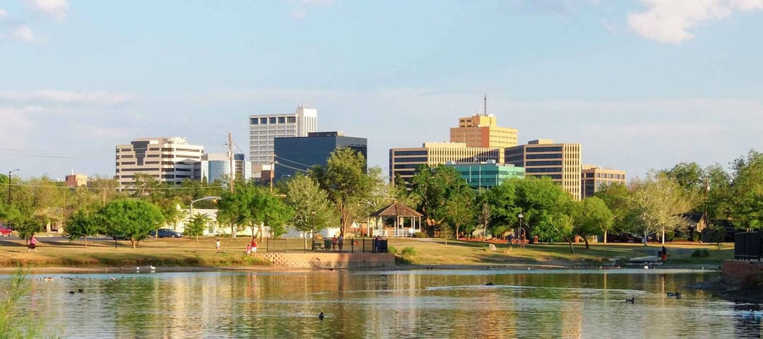 Downtown Midland, Texas on a Sunny Day as Seen Over the Pond at Wadley Barron Park
