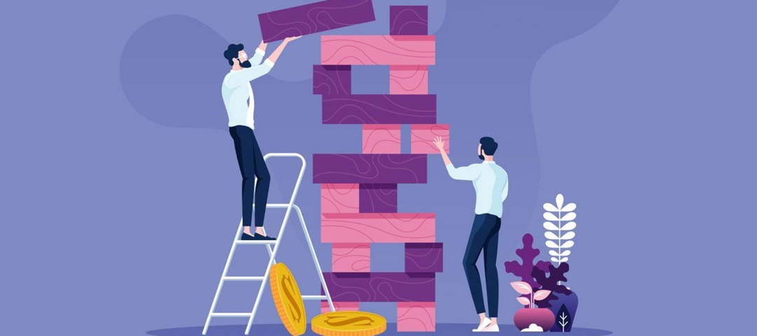 Illustration of two men playing a giant game of Jenga.