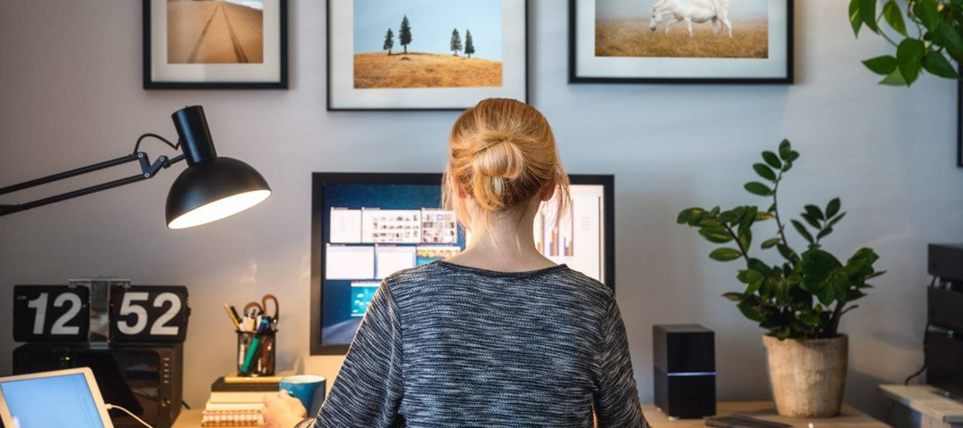 Woman working at her home computer, shot from behind