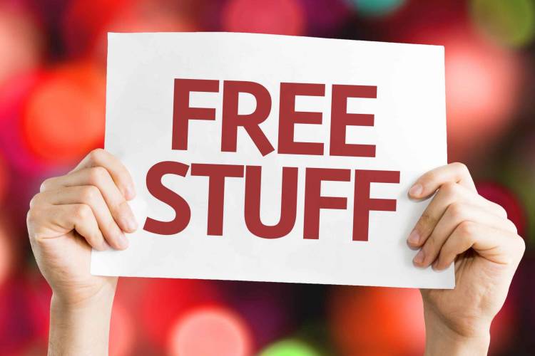 Free Stuff card with colorful background with defocused lights