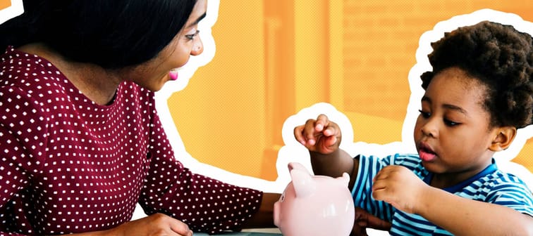 Adult helping child put money in a piggy bank