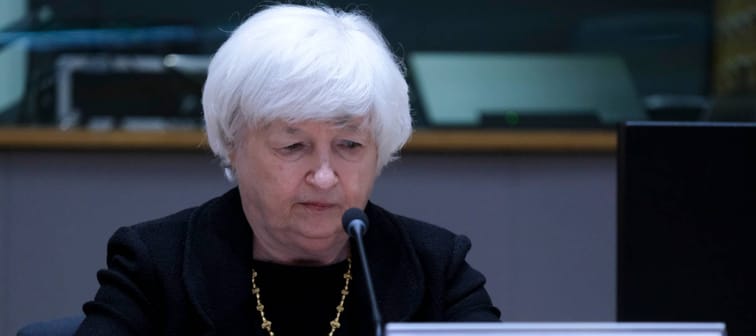 US Treasury Secretary Janet Yellen arrives to attends during a meeting of Eurogroup Finance Ministers