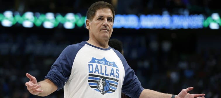 Dallas Mavericks owner Mark Cuban reacts during a timeout in a game against the Golden State Warriors at the American Airlines Center in Dallas, Texas, March 22, 2023