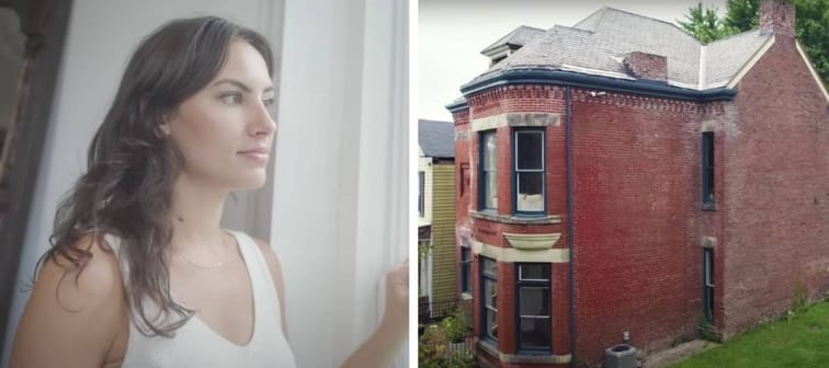 YouTube screenshot of Betsy Sweeney on left and old historic home on right.