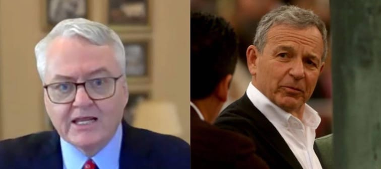 Two images of older men, Curtis Loftis and Bob Iger, seen side-by-side, looking angry and suspicious.