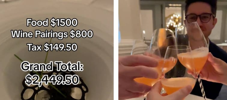 Two screenshots seen side-by-side of the totals for food and a group of people clinking wine glasses.