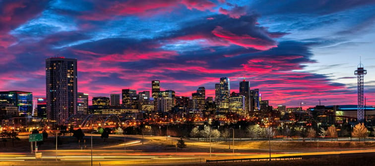 A beautiful shot of the Denver cityscape in the sunset.
