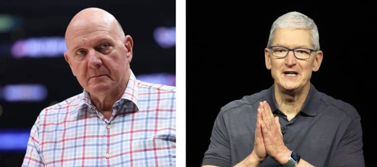 Two images of Steve Ballmer and Tim Cook side by side.