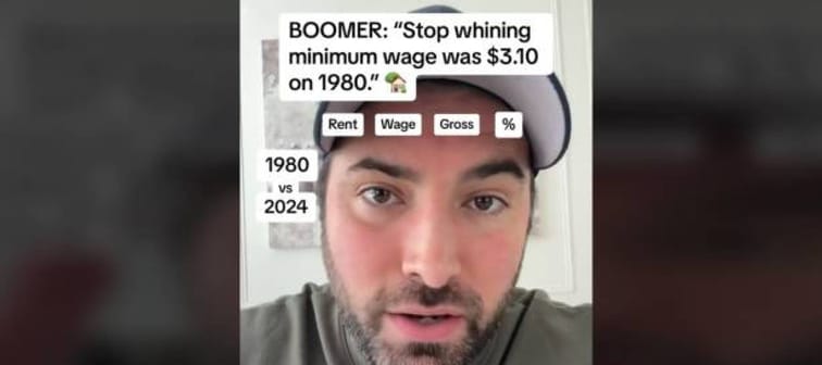 Man in baseball hat speaking directly to the camera with text outlining the comparision between minimum wage in 1980s and 2024.
