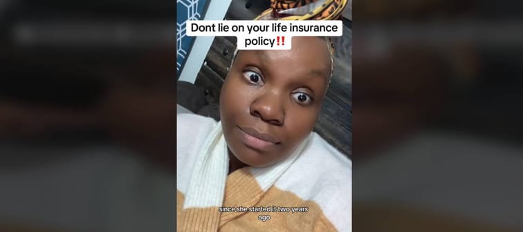 Woman speaks directly to camera with scarf on head, with a caption that says don't lie on your life insurance policy.