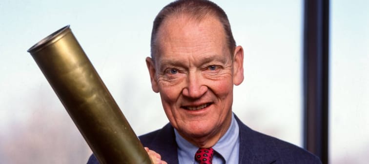 Portrait of American founder and CEO of the Vanguard Company John C Bogle, Malvern, Pennsylvania, 1995. Bogle, an amateur astronomer, poses with an antique telescope.