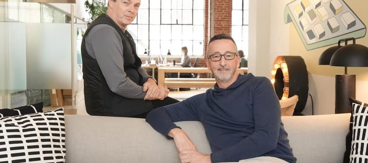 Ian Chalmers, Principal, Research, Creative & Design Director of Pivot Design Group (left) and Peter Scott Principal and Founder of Q30 Design Inc. are photographed in their shared office spa