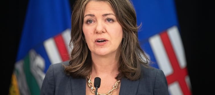 Alberta Premier Danielle Smith speaks in Edmonton on Wednesday April 10, 2024. The Alberta government has announced a master plan aimed at increasing passenger rail service in the province.